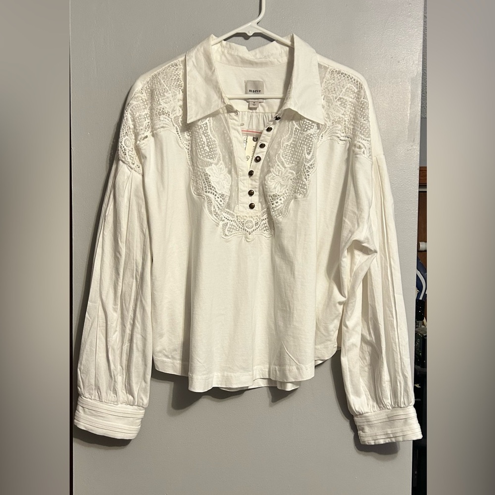 Anthropologie Ivory Maeve Balloon Collared Sleeved Yoke Top - Picture 4 of 10